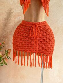 Soleia Ensemble pull et mini-jupe femme de couleur unie avec décorations à franges sur le Top à col ras-du-cou - Orange - Voir 8