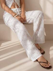 SHEIN ICON White Flower Summer Boho Vacation Holiday Women Elegant Formal Loose Flare Leg Fashionable Business Casual Streetwear Retro Pants Beach - White - View 2