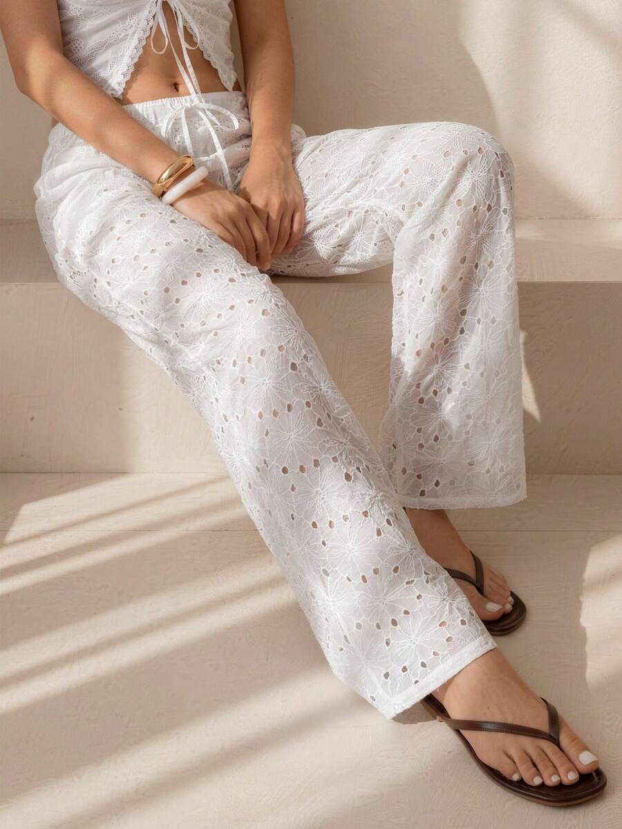 SHEIN ICON White Flower Summer Boho Vacation Holiday Women Elegant Formal Loose Flare Leg Fashionable Business Casual Streetwear Retro Pants Beach