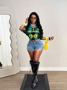 BamGleam Retro Sports Star & Number Colorblock Print Shiny Knit Loose Casual Short Sleeve T-Shirt - Green - View 1