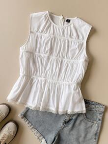 SHEIN Unity Cute White Summer Round Neck Ruched Waist Ruffle A-Line Sleeveless Open Shoulder Blouse,Vintage College Style Office Commute Wear,Brunch,,Beach - White - View 6