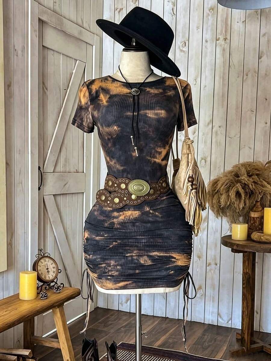 NostaNoir Đầm ôm dáng, thắt dây, xếp ly, in họa tiết tie-dye, thích hợp cho kỳ nghỉ hè ở bãi biển dành cho nữ. - Nhiều màu - Xem 1