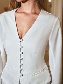 NOVVYNE Women's Solid Color Fashionable High-End Commuter Casual Long Sleeve Tie Collar Deep V Blazer And Bodycon Skirt 2-Piece Set - White - View 7