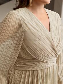 ZEYLAH Plus Size Women V-Neck Ruched Waist Elegant Casual Formal Party Bussines Wedding Dress Wedding Champagne Autumn - Apricot - View 2
