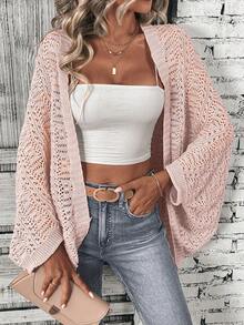 SHEIN LUNE Women's Casual Solid Color Hollow Out Cardigan - Pink - View 4
