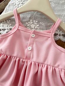 SHEIN 2pcs Baby Girls Pink Summer Cute Vacation Outfit Ruffled Halter Top With Cherry Embroidery And Denim Culottes Skirt Set For Spring/Summer Outing - Pink - View 7