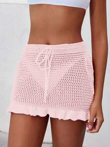 Swim Vcay Penutup Tubuh Wanita Rajut Polos Berongga dengan Tali Pengikat, Musim Panas - Baby Pink - View 4