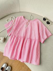 SHEIN EZwear Áo sơ mi nữ tay ngắn cổ tròn kẻ sọc đỏ trắng, kiểu dáng thường ngày, thích hợp cho mùa hè. - Đỏ và trắng - Xem 8