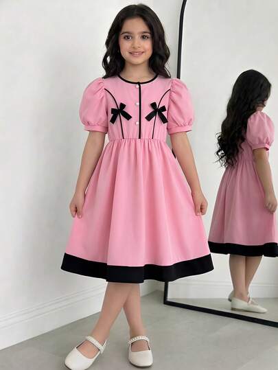 SHEIN Elladie kids Tween Girls' Cute Collegiate Style Round Neck Pink Bow Decor Puff Sleeve Casual Elegant Pink Dress