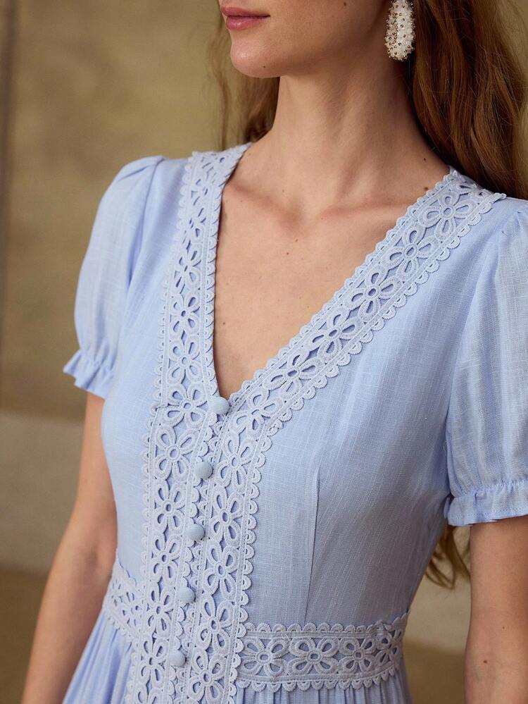 BLUE ROMANTIC CONTRAST GUIPURE LACE TRIM ELEGANT DRESS