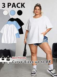 SHEIN CURVE+ Bộ 3 áo thun tay ngắn cổ tròn dáng rộng cỡ lớn dành cho mùa hè, màu trắng, đen và xám, thương hiệu Curve Plus, Hoho Vacation. - Nhiều màu - Xem 8