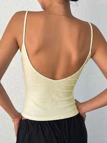 DAZY Camiseta de tirantes ajustada sin espalda de color liso para mujer de verano - Beis - Ver 5