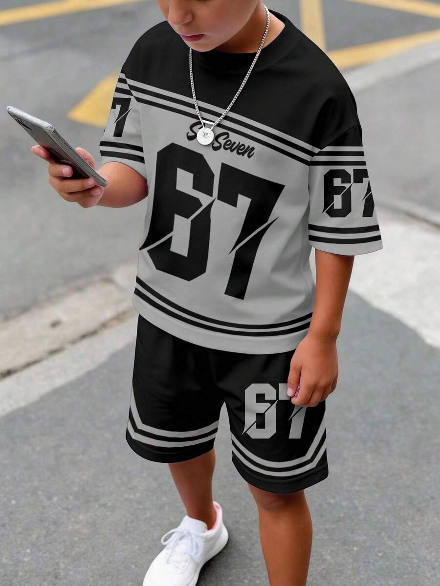 青少年男童休闲简约短袖圆领T恤短裤套装,适合夏季穿着 - 彩色 - 查看 1