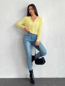 SHEIN PETITE 纯色纽扣开衫，秋冬季针织毛衣 - 淡黃色 - 查看 5