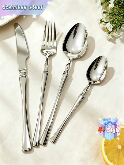 4/16/24件套不锈钢餐具套装，包括餐刀、餐叉、餐勺、咖啡勺，适用于餐厅、酒店、自助餐厅、学校等场所。
