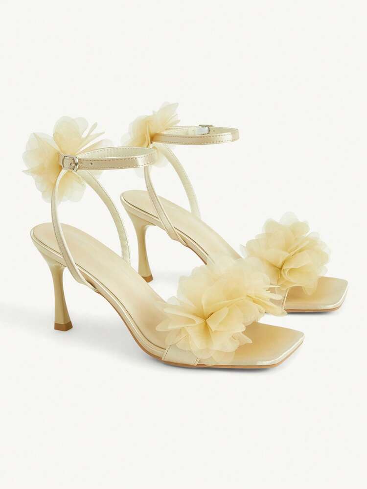 CUCCOO CHICEST Women Shoes Yellow Flower Decoration Square Heel High Heel Sandals Sexy Dating Wedding Vacation Party