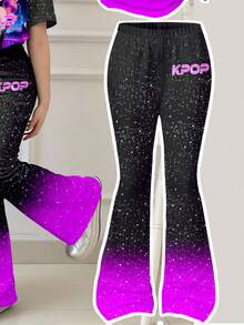 少女卡通人物，色彩缤纷的星空紫和渐变黑，K-Pop 超级巨星，休闲简约卡通印花圆领短袖上衣和喇叭裤两件套，适合夏季、返校季，2000 年代风格，Y2K 服装 - 彩色 - 查看 4