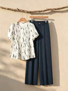 Rusticease Women's Casual Vacation Allover Print Pleated Loose Shirt And Wide Leg Pants Set, Suitable For Spring, Summer And Autumn - Multicolor - View 3