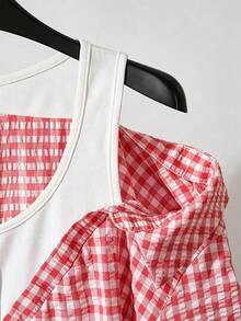 SHEIN Franclia Women's Casual Striped Raglan Short Sleeve Textured Blue & White Shirt, Summer - Red - View 5