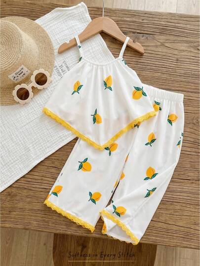 Cozy Pixies 女宝宝可爱甜美柠檬印花吊带背心+松紧腰裤套装，夏季度假