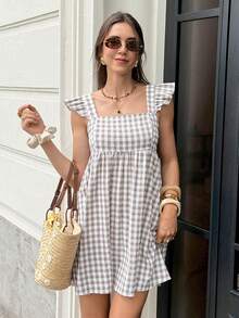 SHEIN Frenchy Đầm ngắn nữ kiểu dáng thường ngày, cổ vuông, viền bèo nhún, họa tiết kẻ caro, thích hợp cho mùa hè. - Nhiều màu - Xem 3