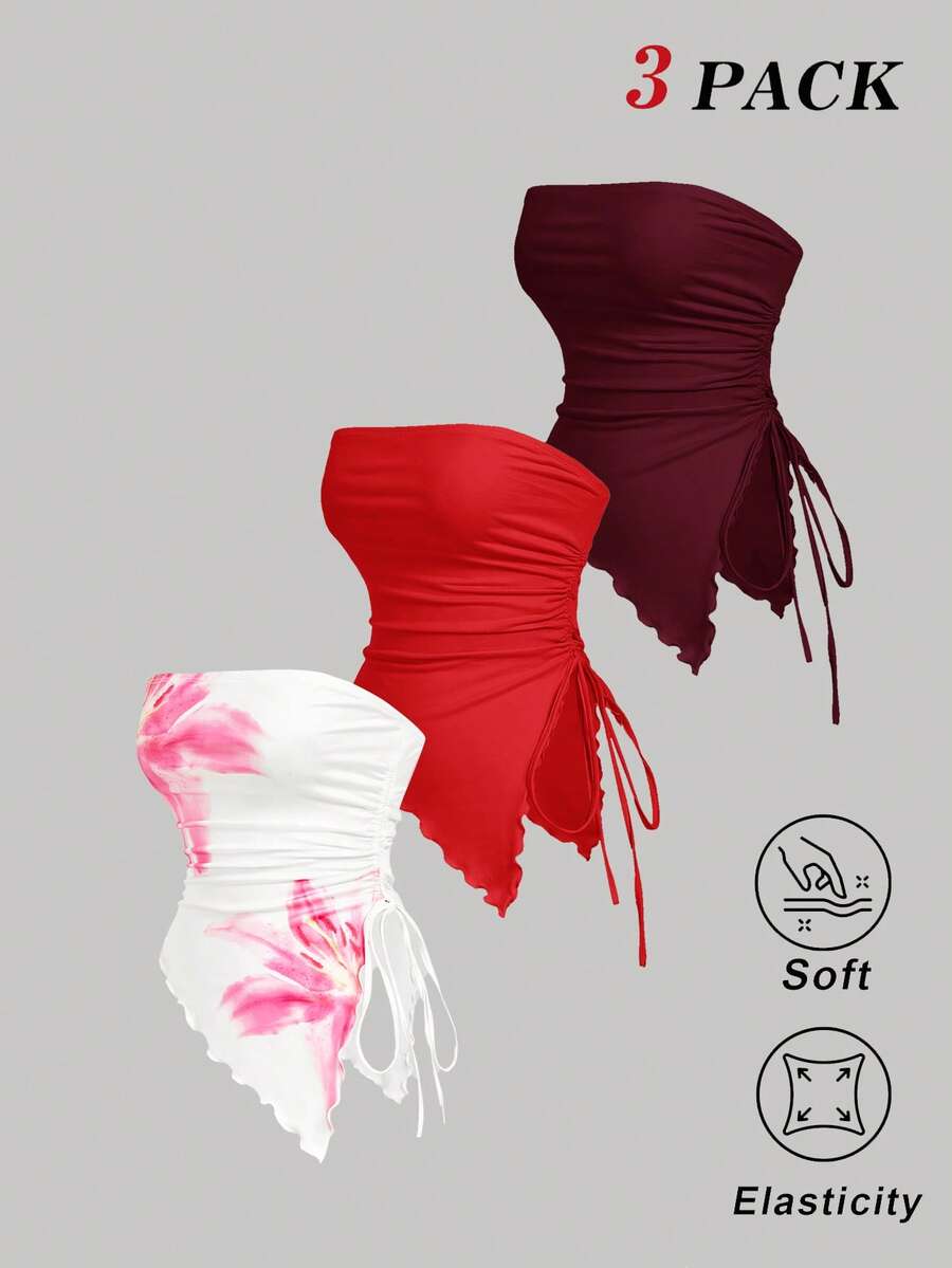 SHEIN MOD 3pcs Floral Asymmetric Bandeau Set, Spring/Summer,Summer Top - Multicolor - View 1