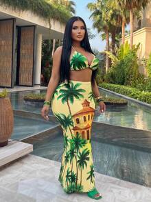 Veslaya Plus Size Women's Yellow Summer Vacation Holiday Floral Print Camisole & Midi Skirt 2-Piece Set,Elegant Beach Party,Cruise,Wedding Guest Streetwear - Yellow - View 5
