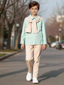 3pcs Tween Boy Outfit: Striped Casual Shirt, Khaki Pants & Shawl, Suitable For Daily Outings, Birthday Parties, Weddings, Performances - Green - View 4