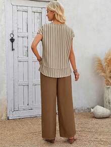 EMERY ROSE Women's Casual Vacation & Commute Striped Print Cap Sleeve Top And Wide Leg Pants Set, Spring/Summer - Khaki - View 2
