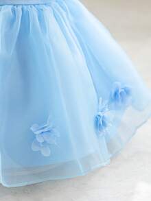 Glamorique Kids 女嬰淺藍色花卉歐根紗洋裝，夏季優雅短袖 3D 花朵大裙擺蝴蝶結背部設計，伴娘花童婚禮生日派對穿著 - 藍色 - 查看 6
