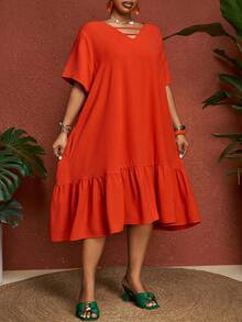 SHEIN CURVE+ Plus Size Women Solid Color Short Sleeve Ruffle Hem A-Line Loose Casual Dress Dresses For Woman Casual Plus Size Curve Dresses For Women Summer - Orange - View 6