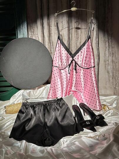 SilkySpell Contrast Color Polka Dot Print Sexy Deep V Camisole & Shorts Plus Size Faux Silk Pajama Set