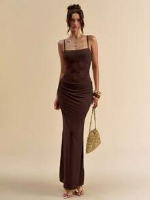 SHEIN BAE Women's Summer Solid Color Fitted Lace Patchwork Camisole Dress - Coffee Brown - View 1