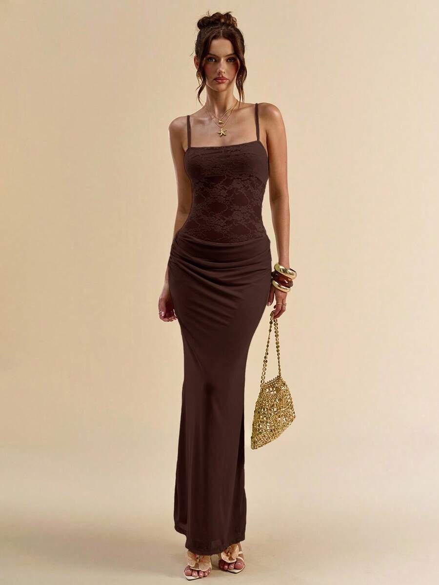 SHEIN BAE Women's Summer Solid Color Fitted Lace Patchwork Camisole Dress - Coffee Brown - View 1