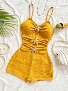 Soleia Women's Solid Color Metal Decor Hollow Out Jumpsuit, Suitable For Party, Home Wear - Yellow - View 7