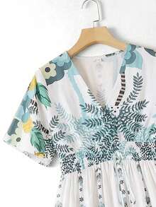 Rusticease Women's White Floral Summer Tropical Holiday Vacation Boho Sexy All-Over Print Waist Tie Dress Casual Beach Golf Festival Outfits Green - Multicolor - View 8