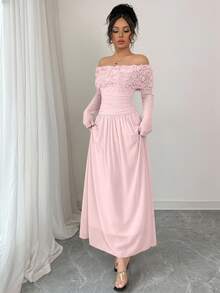 Elenzga Rochie romantică de Ziua Îndrăgostiților cu decor floral 3D, cu umeri goi, și mânecă lungă, cu volane, ținută de resort pentru femei, rochie de seară de lux pentru femei - Roz - Vizualizare 5