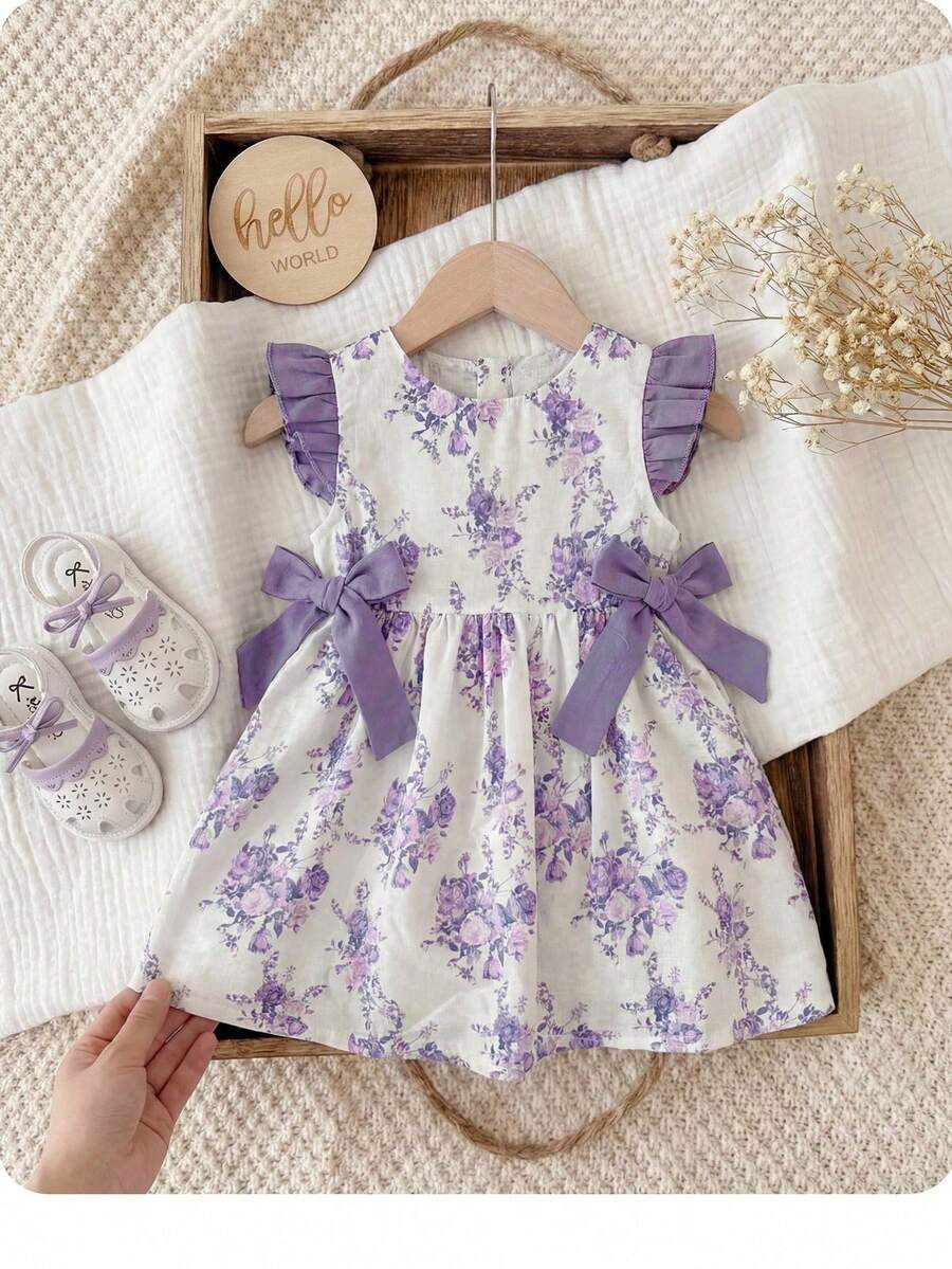 SHEIN Vestido floral lavanda para niñas, estilo lindo y elegante - Púrpura malva - Ver 1