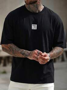 Men Solid Color Good Quality Letter Printed Oversized T-Shirt - Black - View 2
