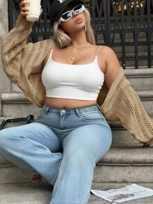 INAWLY Solva Plus Size Women's Spring/Summer Casual Vacation Solid Color Batwing Pointelle Knit Lightweight Cardigan Fall - Khaki - View 3