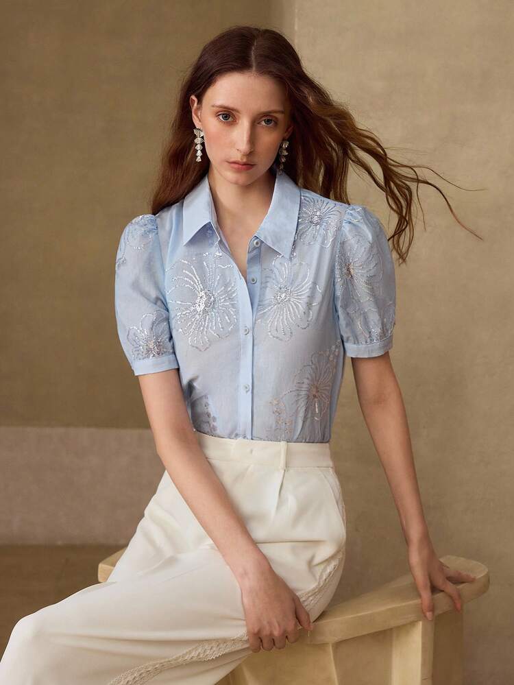 WOMEN'S ELEGANT BUTTON UP SEQUIN FLORAL EMBROIDERY VERSATILE BLOUSE, SUMMER