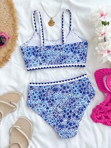Bộ bikini in hoa dành cho bé gái tuổi teen, 2 mảnh, kiểu dáng ngọt ngào và thời trang, phù hợp cho mọi dịp, mùa xuân/hè. - Màu xanh lam - Xem 2