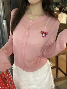 DAZY 女士休闲日常/通勤/度假波点爱心刺绣单排扣开衫，春秋季 - 粉色 - 查看 5