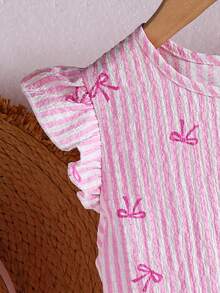 Elladie kids Young Girl (Small) Textured Fabric Short Sleeve Button Back T-Shirt & Casual Pants Set - Pink - View 6