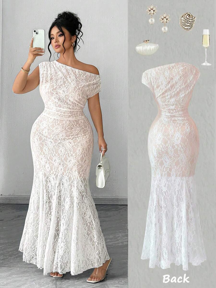Elenzga Plus Size Women's Elegant French Lace Asymmetrical Shoulder Fishtail Dress, Suitable For Birthday Party, Date, Summer - White - View 1