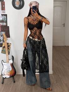 Coolane 女士夏季狂欢派对音乐节性感波西米亚风海滩装扮 Y2K 时尚蕾丝黑色开衩中长飘逸连衣裙 - 黑色 - 查看 4