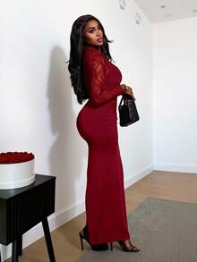 BamGleam Women's Contrast Lace Round Neck Long Sleeve Ruched Fitted Sexy Fashion Dress, Elegant Dresses For Women , Elegant Dress For Women , Elegant Dress Women , Elegant Dresse, Elegant Dress,Red ;Red Dress , Red Dress For Women, Red Dresses For Women , Red , Red Dresse, Red Dress Women Red Lace Dress Bodycon Dress Lace Dress Long Sleeve Elegant Dress Slay Diva Dress - Red - View 2