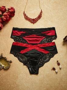 2pcs Women's Charming Black & Red Heart Lace Criss-Cross Mesh Rose Design Panties - Multicolor - View 1