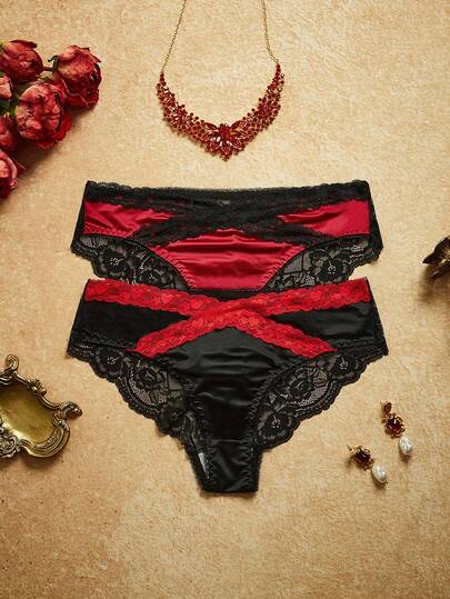 2pcs Women's Charming Black & Red Heart Lace Criss-Cross Mesh Rose Design Panties