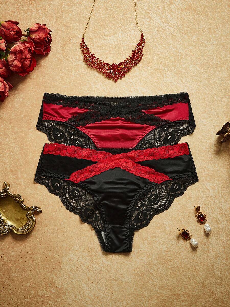 2pcs Women's Charming Black & Red Heart Lace Criss-Cross Mesh Rose Design Panties - Multicolor - View 1
